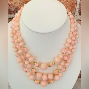 Hong Kong Pink Beaded Three Strand Vintage Necklace